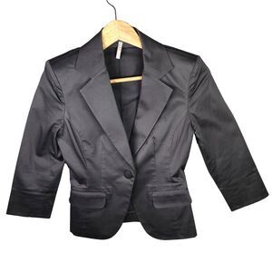 Klein D'Oeil Blazer Jacket Womens PXS Black Cropped Slim Fit Crisp Faux Pockets